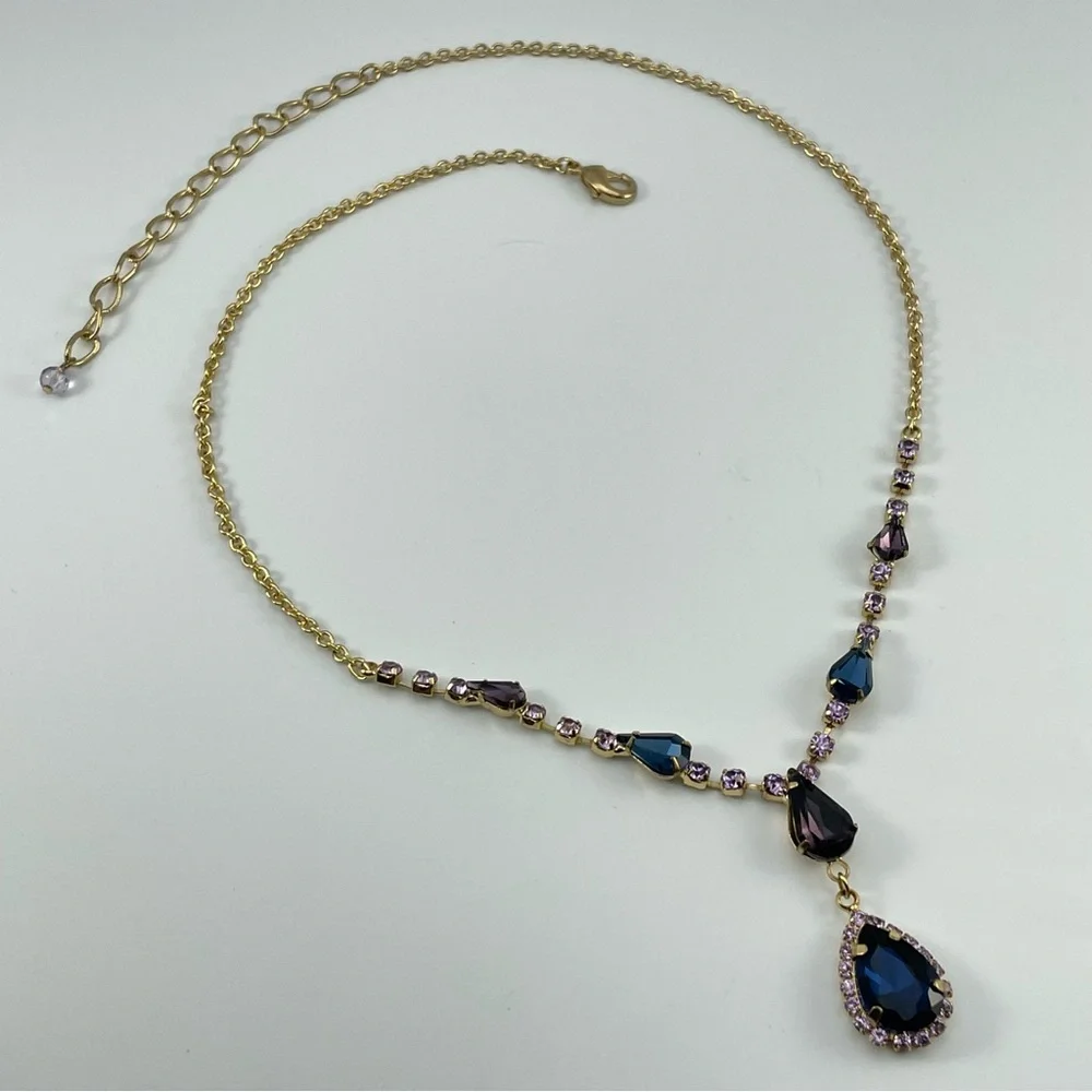 Stunning Gold Tone Purple & Blue Crystal Teardrop Statement Necklace